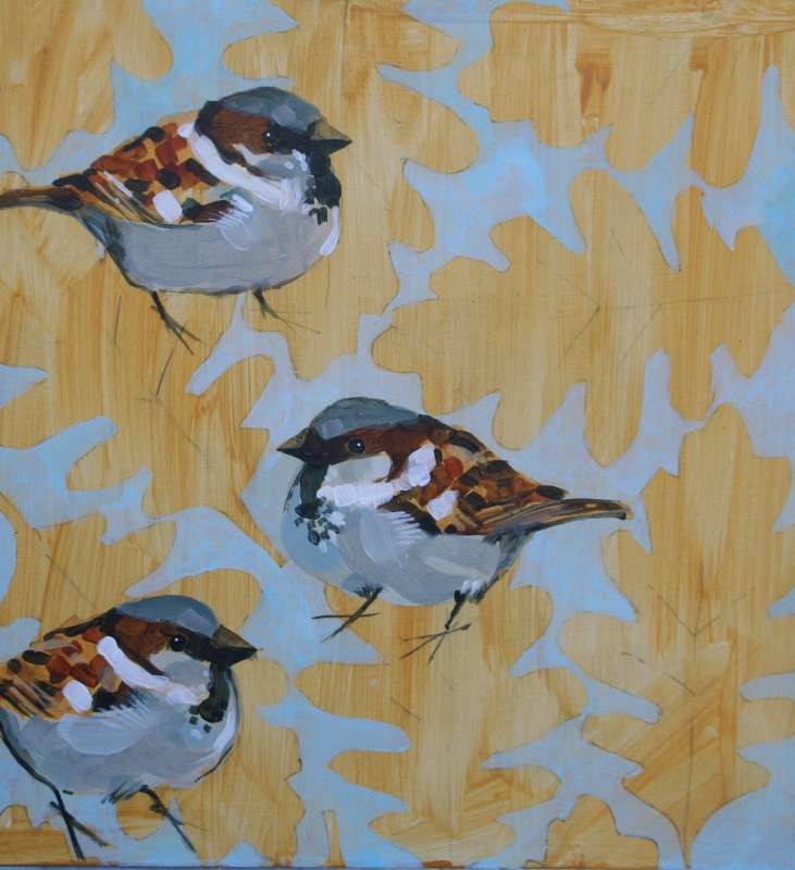 Sparrows and Oak Leaves